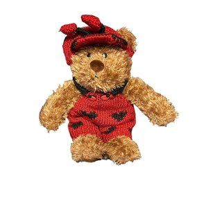 Flowers Inc. Brown Ladybug Teddy Bear in Knit Red and Black Overalls Plushie Toy